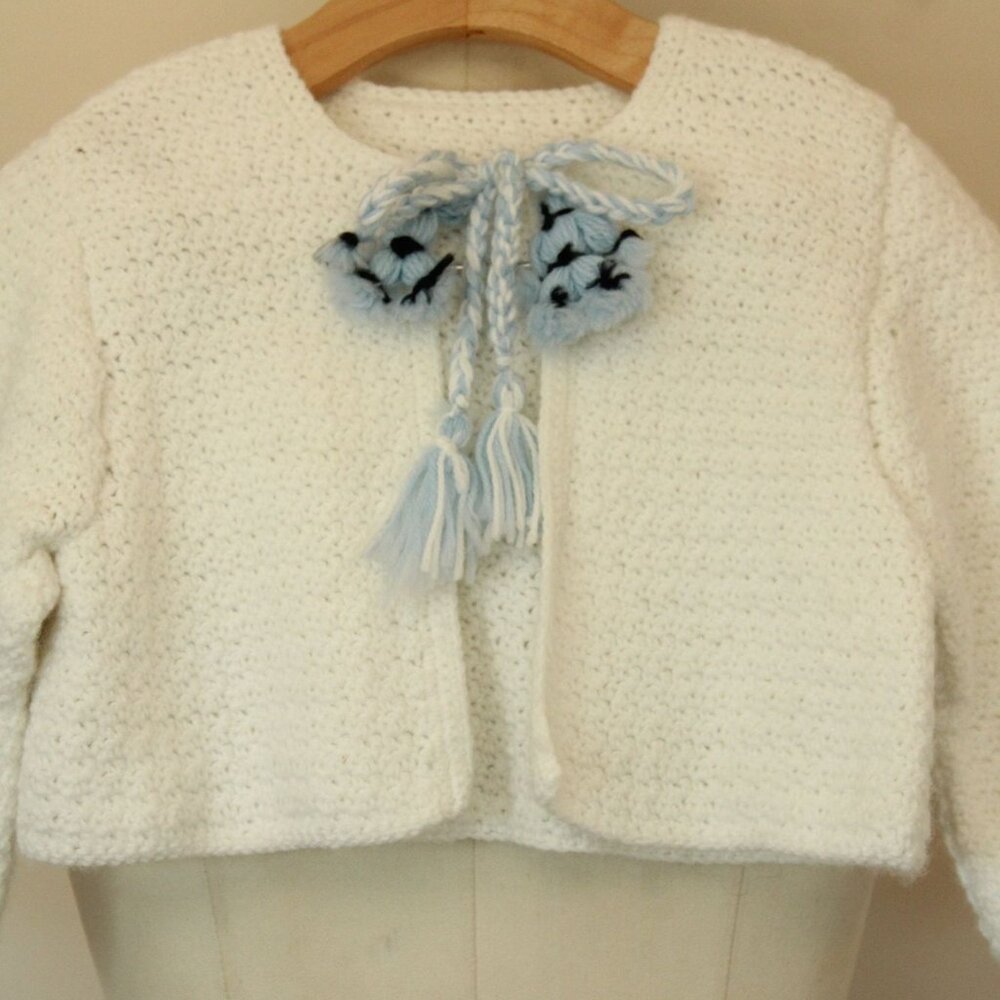Vintage 1950s 1960s Baby Sweater, White Knit Cardigan with Blue Ties - Picture 3 of 10